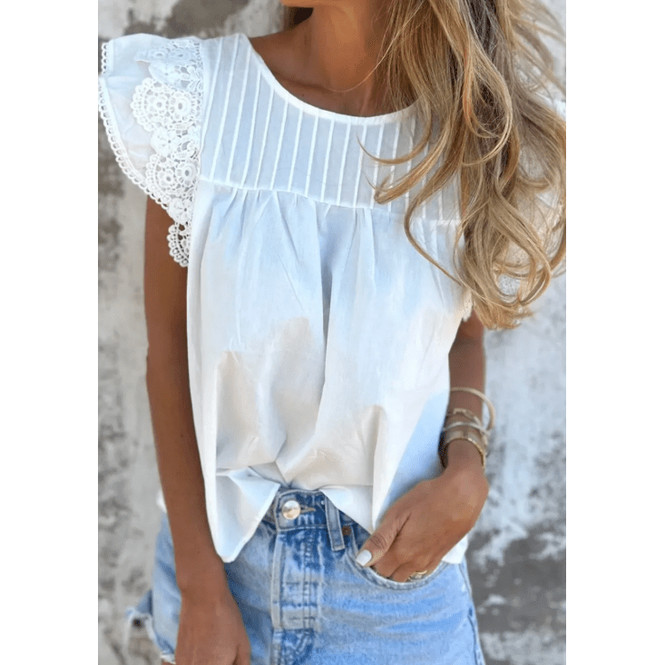 SALE!!!  Drusilla White Lace Detail Flutter Sleeve Pleated Round Neck Blouse