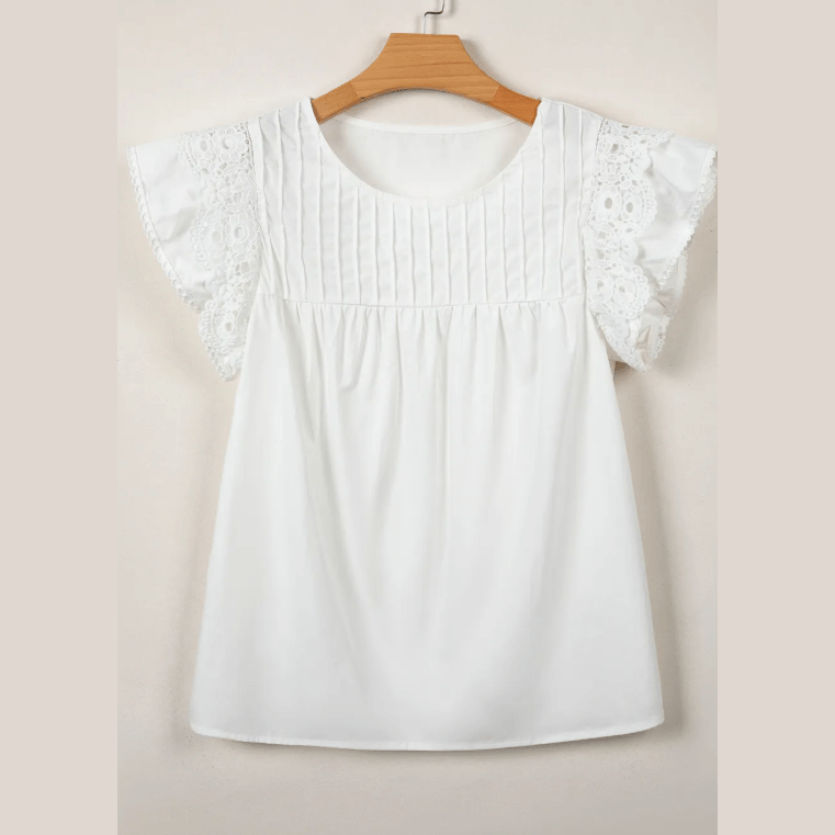 SALE!!!  Drusilla White Lace Detail Flutter Sleeve Pleated Round Neck Blouse