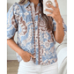 Gina Sky Blue Boho Floral Print Scalloped Trim Button Down Short Sleeve Shirt