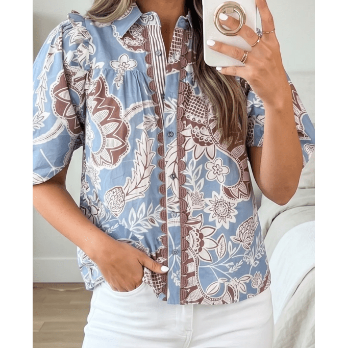 Gina Sky Blue Boho Floral Print Scalloped Trim Button Down Short Sleeve Shirt