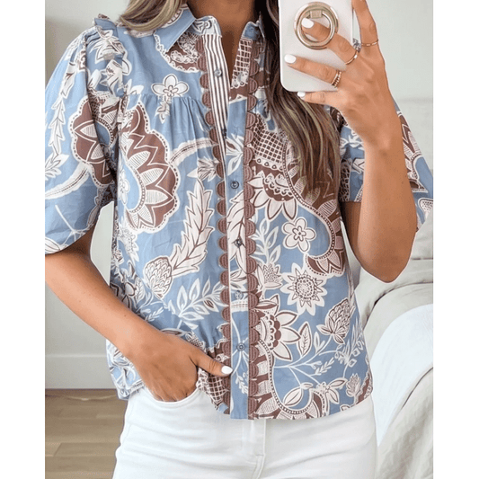 Gina Sky Blue Boho Floral Print Scalloped Trim Button Down Short Sleeve Shirt