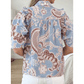 Gina Sky Blue Boho Floral Print Scalloped Trim Button Down Short Sleeve Shirt