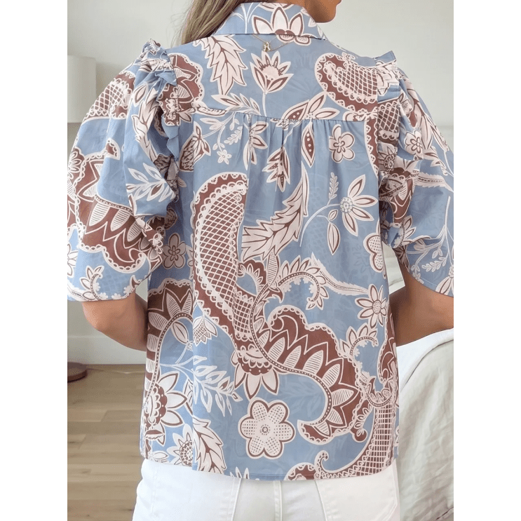 Gina Sky Blue Boho Floral Print Scalloped Trim Button Down Short Sleeve Shirt