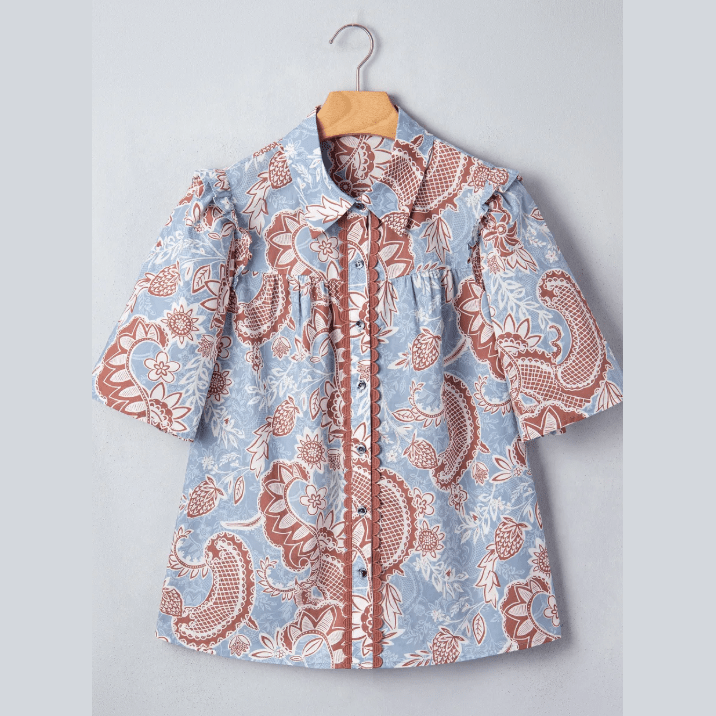 Gina Sky Blue Boho Floral Print Scalloped Trim Button Down Short Sleeve Shirt
