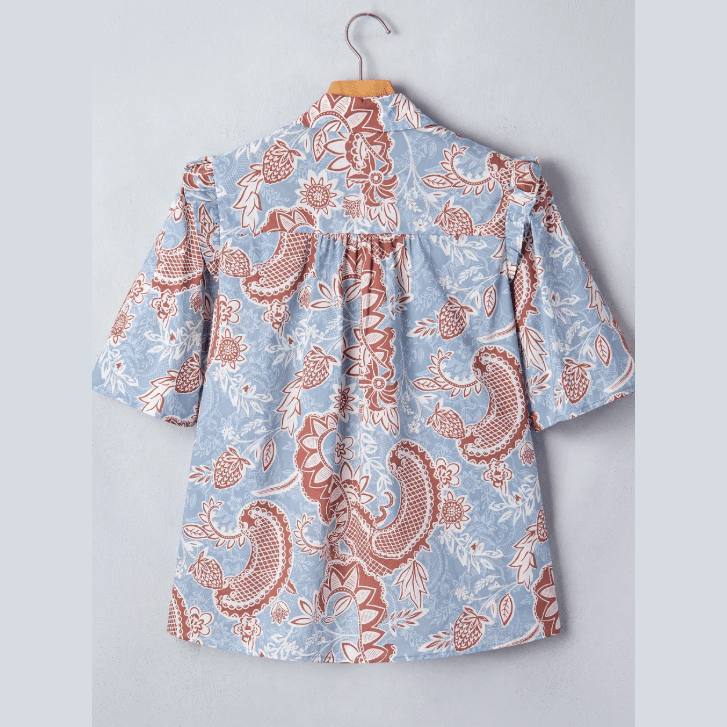 Gina Sky Blue Boho Floral Print Scalloped Trim Button Down Short Sleeve Shirt