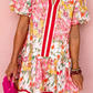 Billie Pink Color Block Floral Print Contrast Trim V Neck Ruffle Hem Mini Dress