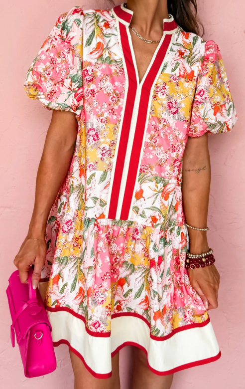 Billie Pink Color Block Floral Print Contrast Trim V Neck Ruffle Hem Mini Dress