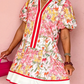 Billie Pink Color Block Floral Print Contrast Trim V Neck Ruffle Hem Mini Dress