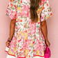 Billie Pink Color Block Floral Print Contrast Trim V Neck Ruffle Hem Mini Dress