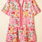 Billie Pink Color Block Floral Print Contrast Trim V Neck Ruffle Hem Mini Dress