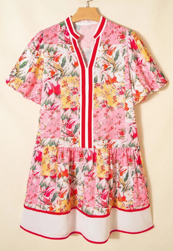 Billie Pink Color Block Floral Print Contrast Trim V Neck Ruffle Hem Mini Dress