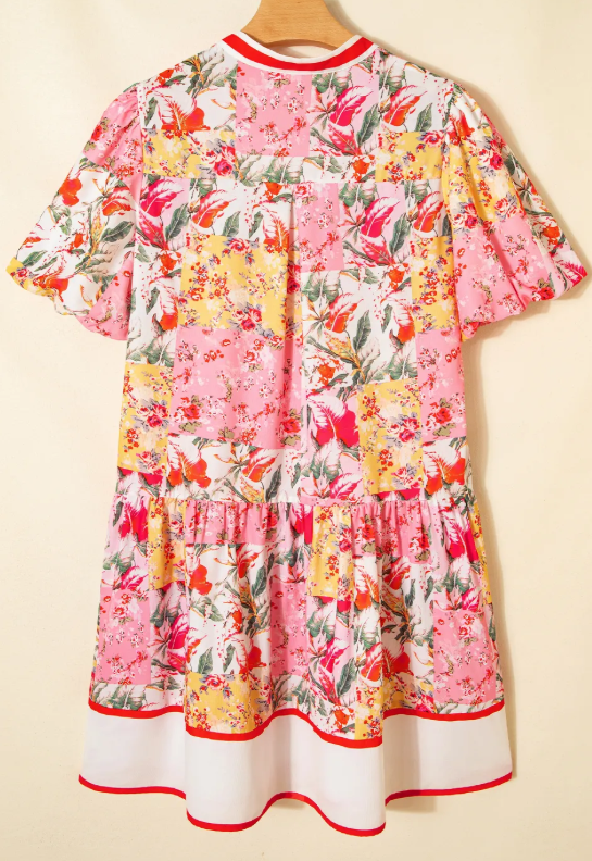 Billie Pink Color Block Floral Print Contrast Trim V Neck Ruffle Hem Mini Dress