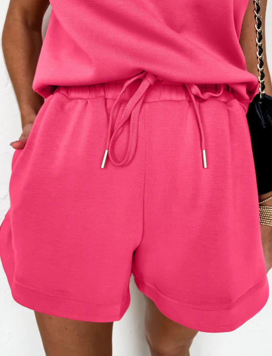 Cathy Pink Quarter Zip Sleeveless Top Drawstring Shorts Casual 2pcs Outfit