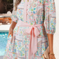 SALE!!!  Pink Boho Floral Print Color Block Trim Half Button Belted Mini Dress