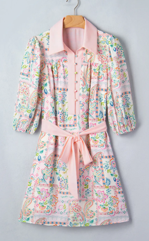 SALE!!!  Pink Boho Floral Print Color Block Trim Half Button Belted Mini Dress