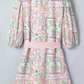 SALE!!!  Pink Boho Floral Print Color Block Trim Half Button Belted Mini Dress