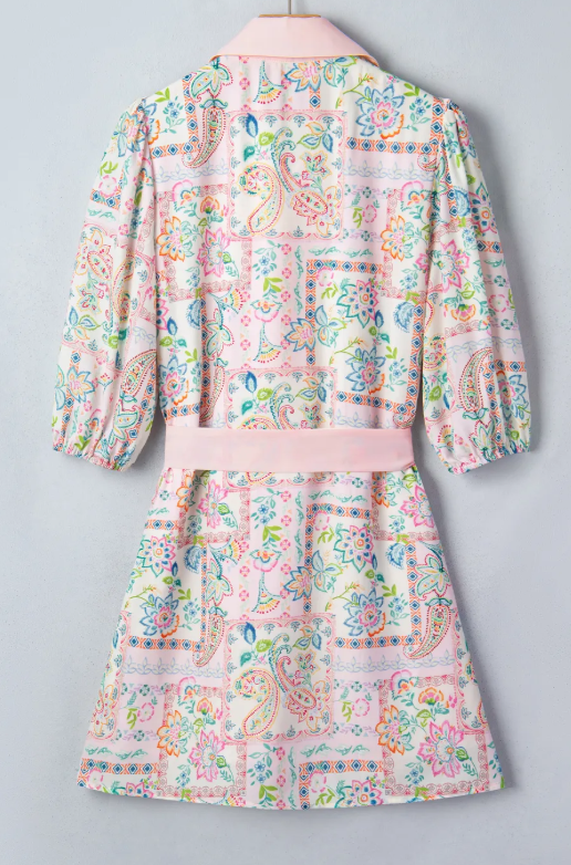 SALE!!!  Pink Boho Floral Print Color Block Trim Half Button Belted Mini Dress