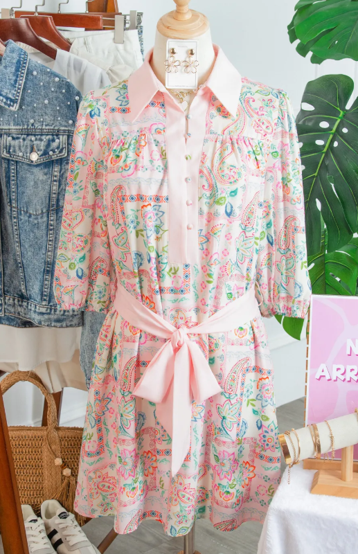 SALE!!!  Pink Boho Floral Print Color Block Trim Half Button Belted Mini Dress