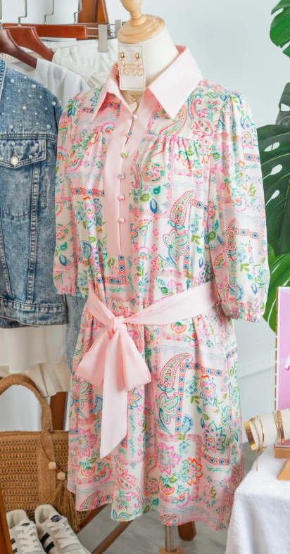 SALE!!!  Pink Boho Floral Print Color Block Trim Half Button Belted Mini Dress