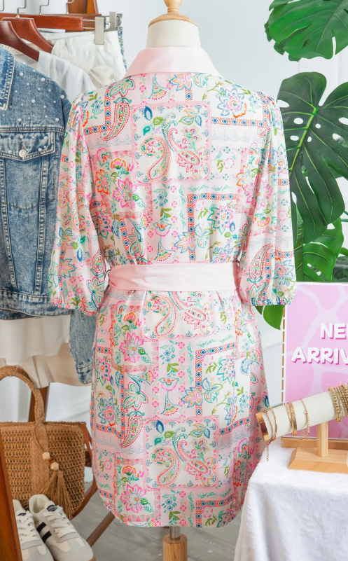 SALE!!!  Pink Boho Floral Print Color Block Trim Half Button Belted Mini Dress