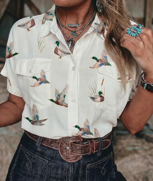 Magalie White Mallard Printed Button Flap Pocket Short Sleeve Shirt