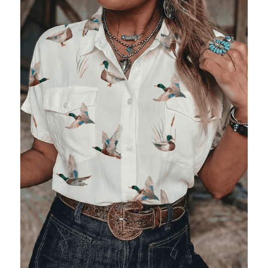 Magalie White Mallard Printed Button Flap Pocket Short Sleeve Shirt