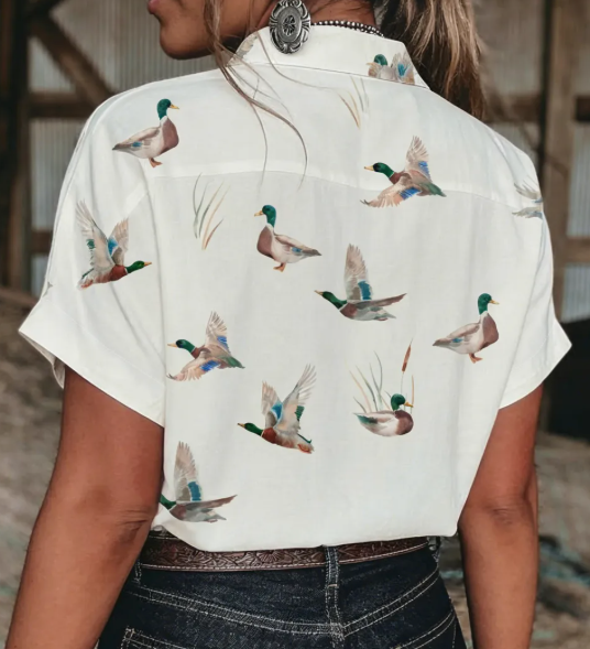Magalie White Mallard Printed Button Flap Pocket Short Sleeve Shirt