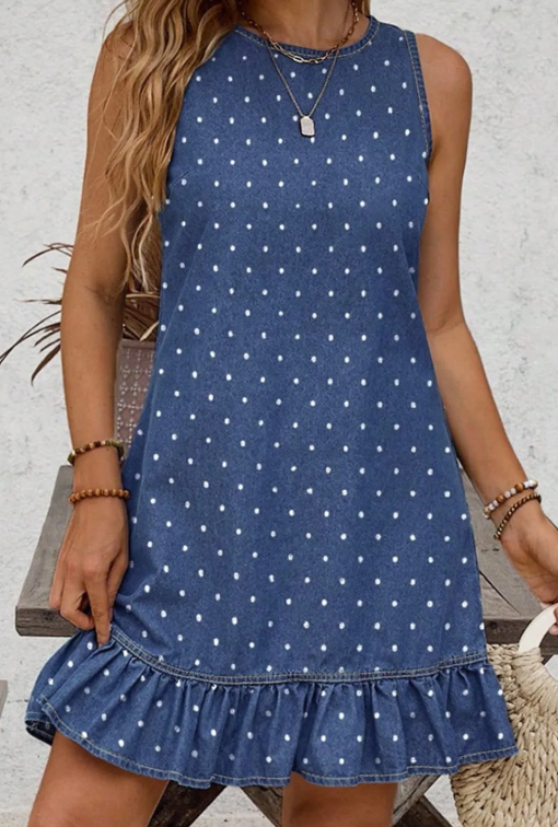 Ruth Blue Polka Dot Ruffle Hem Sleeveless Denim Mini Dress