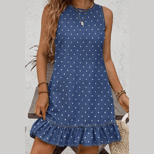 Ruth Blue Polka Dot Ruffle Hem Sleeveless Denim Mini Dress