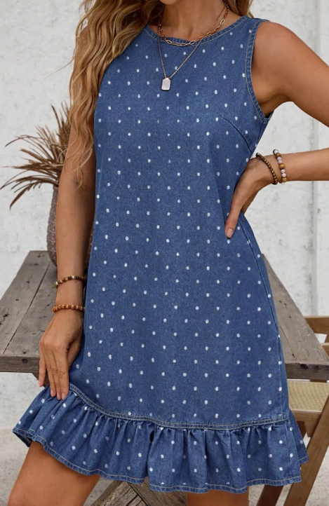 Ruth Blue Polka Dot Ruffle Hem Sleeveless Denim Mini Dress
