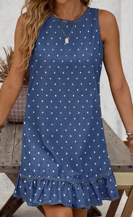 Ruth Blue Polka Dot Ruffle Hem Sleeveless Denim Mini Dress