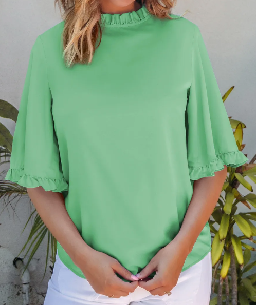 Shayna Green Ruffled Bell Sleeve Loose Blouse