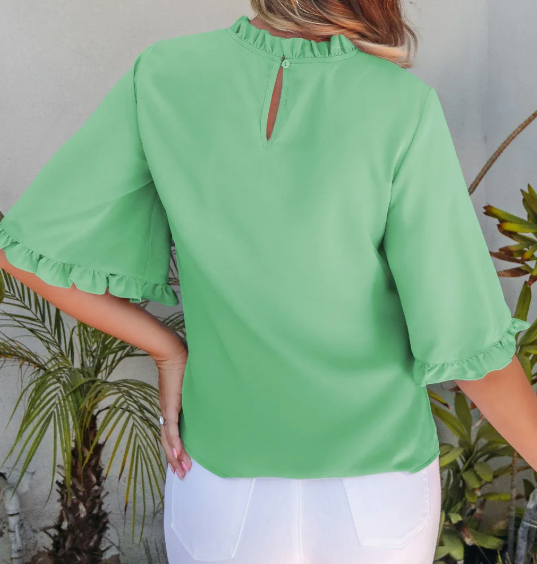 Shayna Green Ruffled Bell Sleeve Loose Blouse