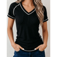 Kathleen Black Waffle Textured Contrast Trim V Neck Tee