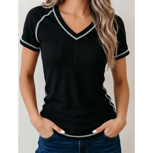 Kathleen Black Waffle Textured Contrast Trim V Neck Tee