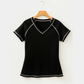 Kathleen Black Waffle Textured Contrast Trim V Neck Tee