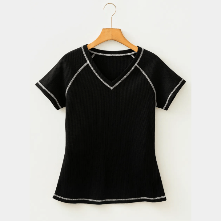 Kathleen Black Waffle Textured Contrast Trim V Neck Tee