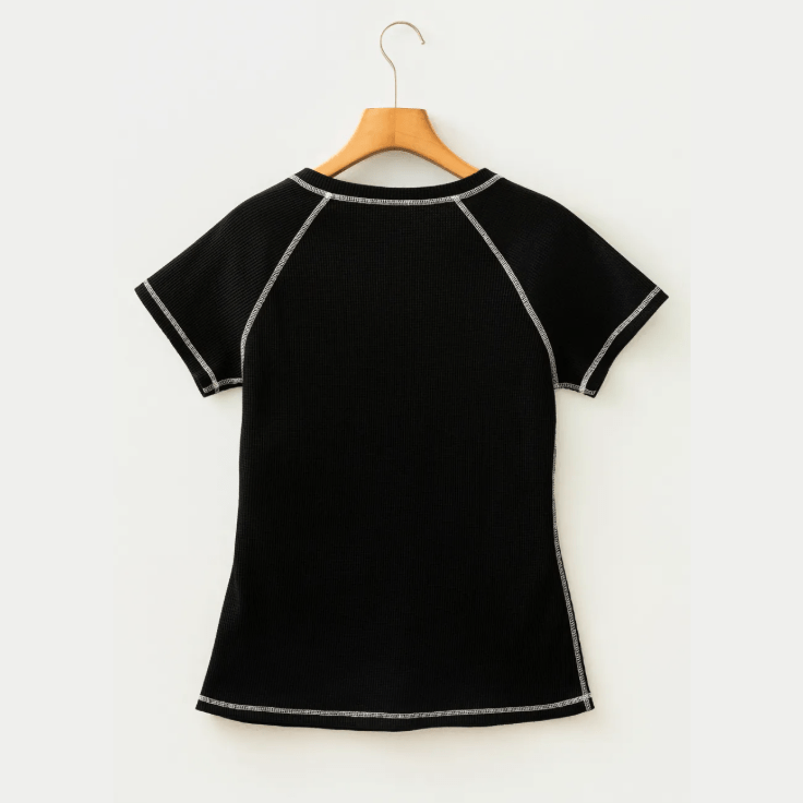 Kathleen Black Waffle Textured Contrast Trim V Neck Tee