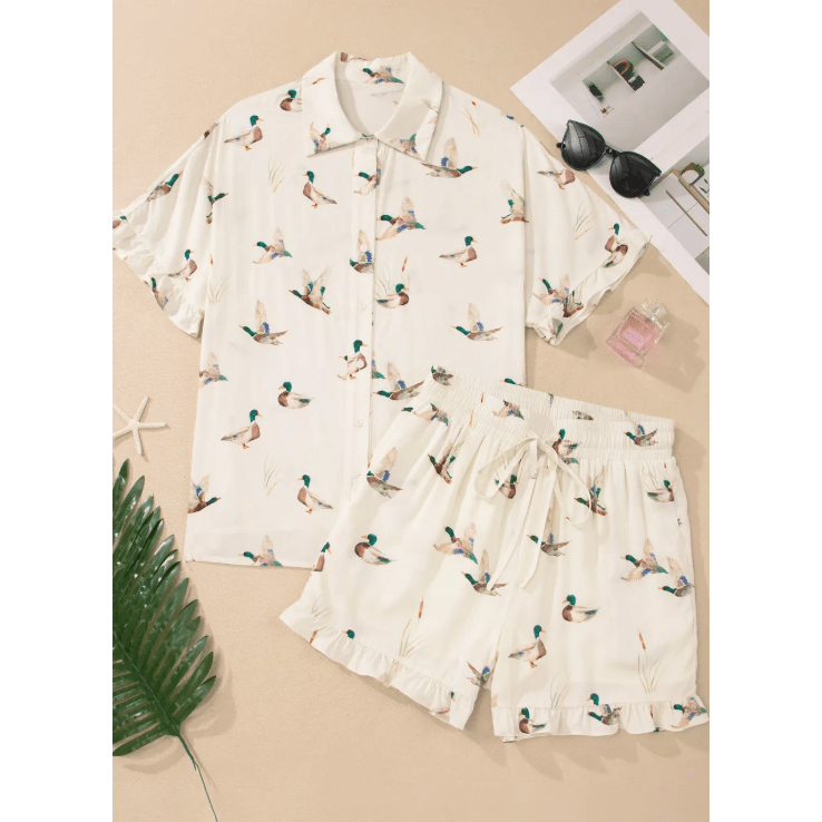 Mallard Print Shirt Style Short Two Piece Set