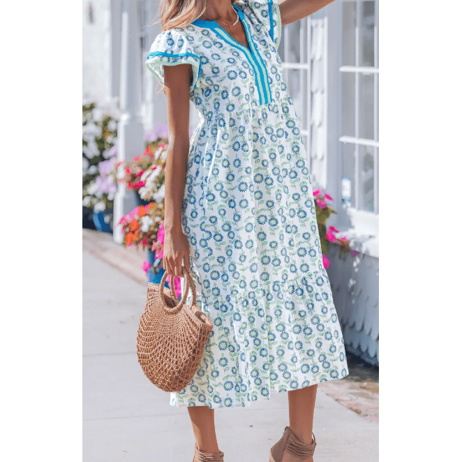 SALE!!!  Ashton Sunflower Printed Striped Patchwork Trim Flutter Sleeve Long Dress