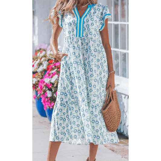 SALE!!!  Ashton Sunflower Printed Striped Patchwork Trim Flutter Sleeve Long Dress