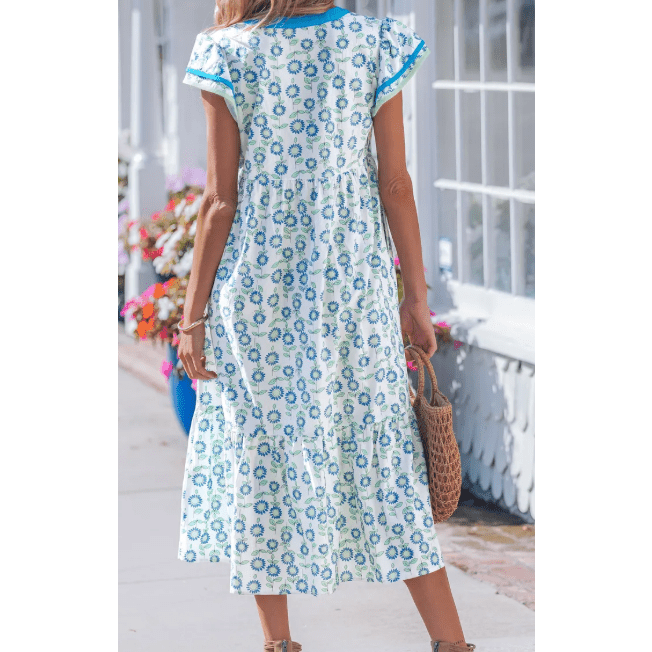 SALE!!!  Ashton Sunflower Printed Striped Patchwork Trim Flutter Sleeve Long Dress