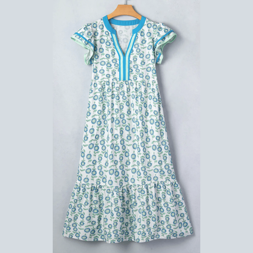 SALE!!!  Ashton Sunflower Printed Striped Patchwork Trim Flutter Sleeve Long Dress