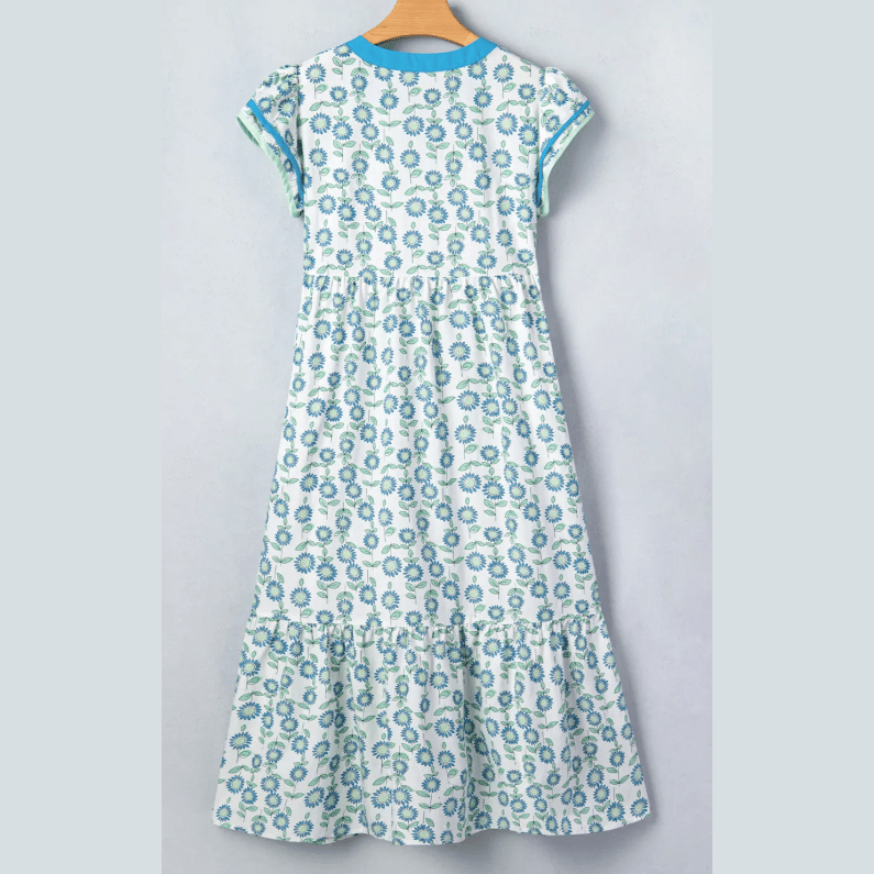 SALE!!!  Ashton Sunflower Printed Striped Patchwork Trim Flutter Sleeve Long Dress