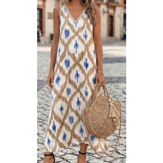 Mackie Khaki Boho Abstract Print V Neck Sleeveless Long Dress