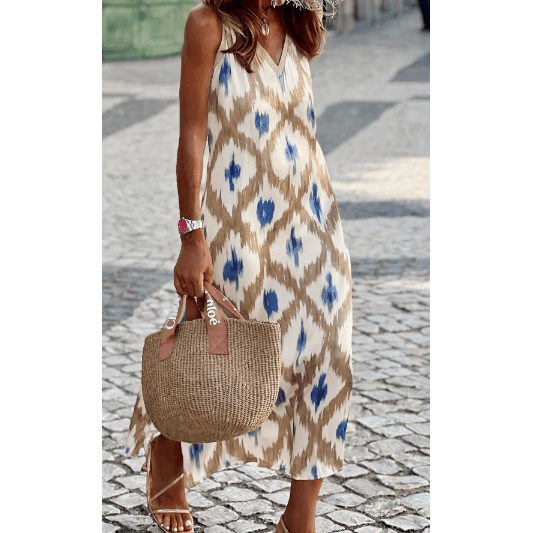 Mackie Khaki Boho Abstract Print V Neck Sleeveless Long Dress