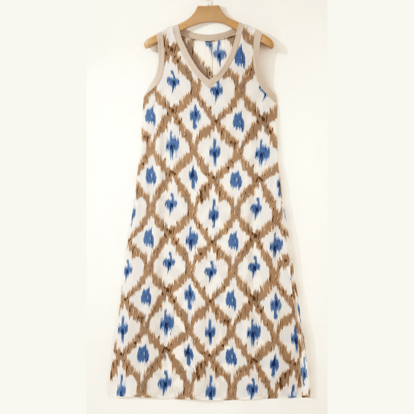 Mackie Khaki Boho Abstract Print V Neck Sleeveless Long Dress