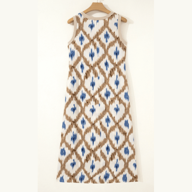 Mackie Khaki Boho Abstract Print V Neck Sleeveless Long Dress