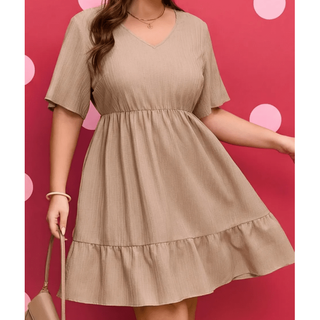 SALE!!!  Britton Khaki Plus Size Textured Ruffled Short Sleeve Dress