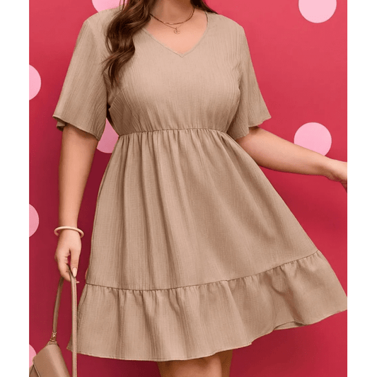 SALE!!!  Britton Khaki Plus Size Textured Ruffled Short Sleeve Dress